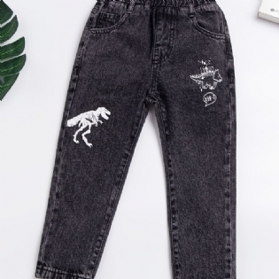 Baby Drenge Retro Jeans Casual Dinosaur Print Elastiske Talje Denimbukser Børnetøj
