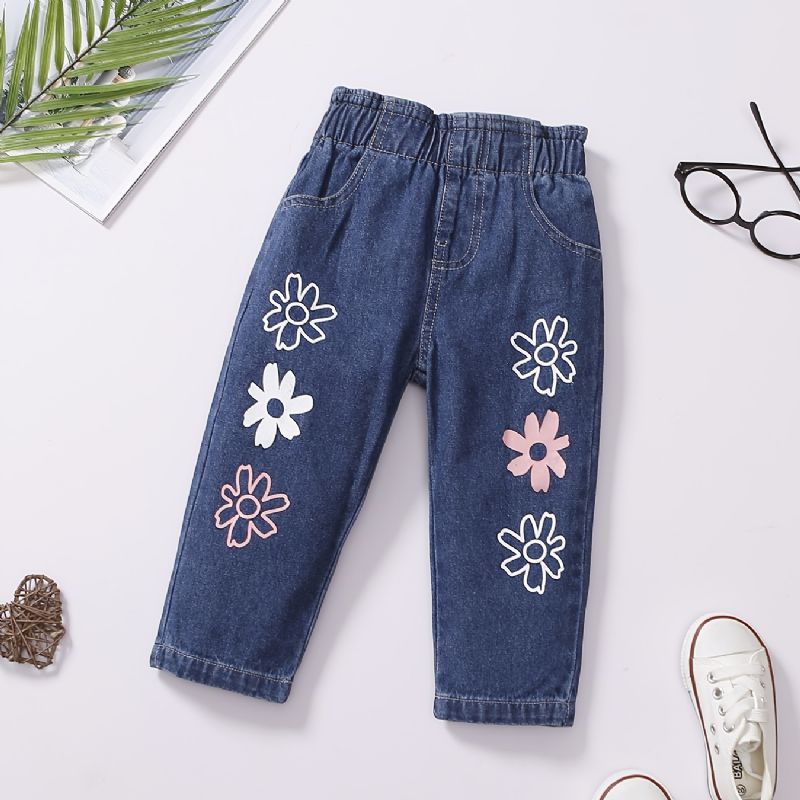 Baby Piger Denim Casual Mode Jeans Blomster Print Pant Børnetøj