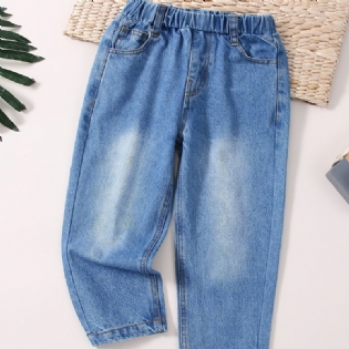 Babypiger Retro Jeans Casual Ensfarvede Elastiske Talje Denimbukser Børnetøj