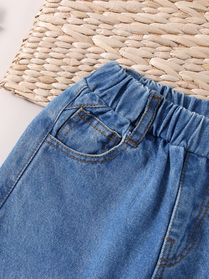 Babypiger Retro Jeans Casual Ensfarvede Elastiske Talje Denimbukser Børnetøj