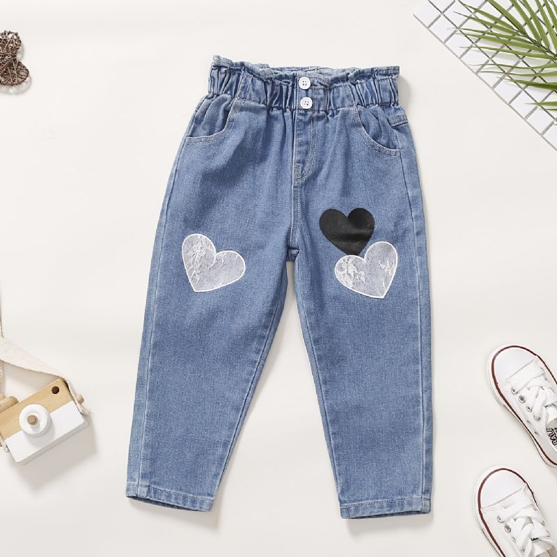 Babypiger Søde Vintage Denim Jeans Med Hjertetryk Elastisk Talje