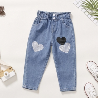 Babypiger Søde Vintage Denim Jeans Med Hjertetryk Elastisk Talje