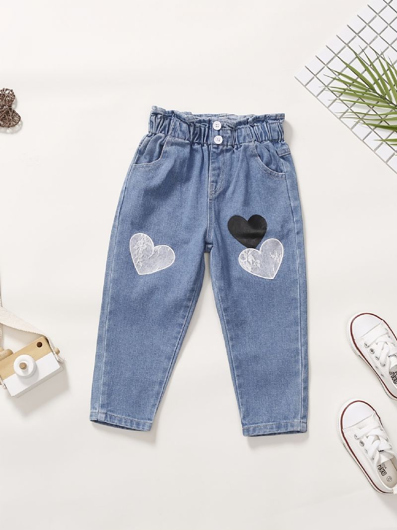 Babypiger Søde Vintage Denim Jeans Med Hjertetryk Elastisk Talje