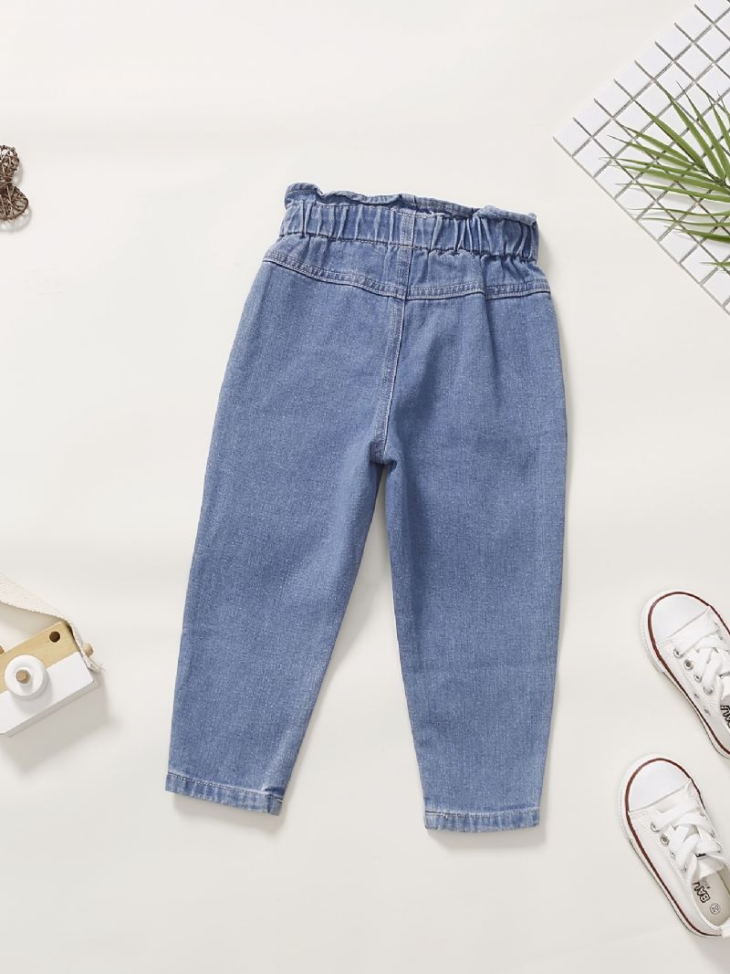 Babypiger Søde Vintage Denim Jeans Med Hjertetryk Elastisk Talje
