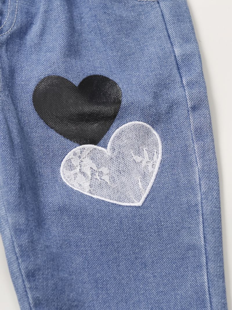 Babypiger Søde Vintage Denim Jeans Med Hjertetryk Elastisk Talje