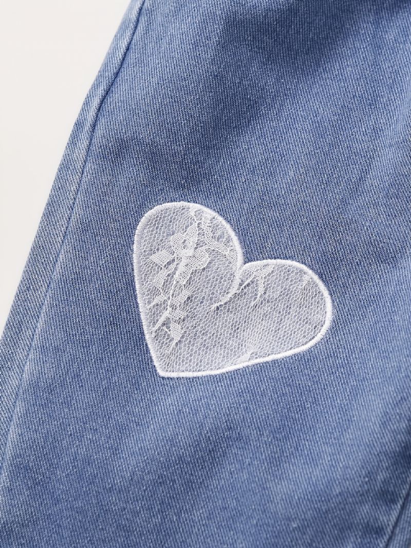 Babypiger Søde Vintage Denim Jeans Med Hjertetryk Elastisk Talje