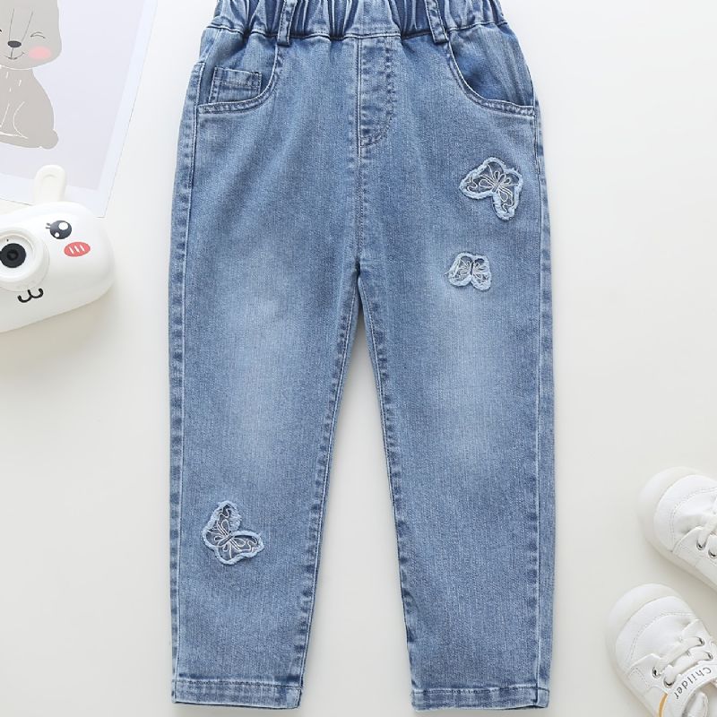 Babypiger Tilspidsede Jeans Med Sommerfugletryk Elastisk Linning Til Efterår Og Vinter Nyhed