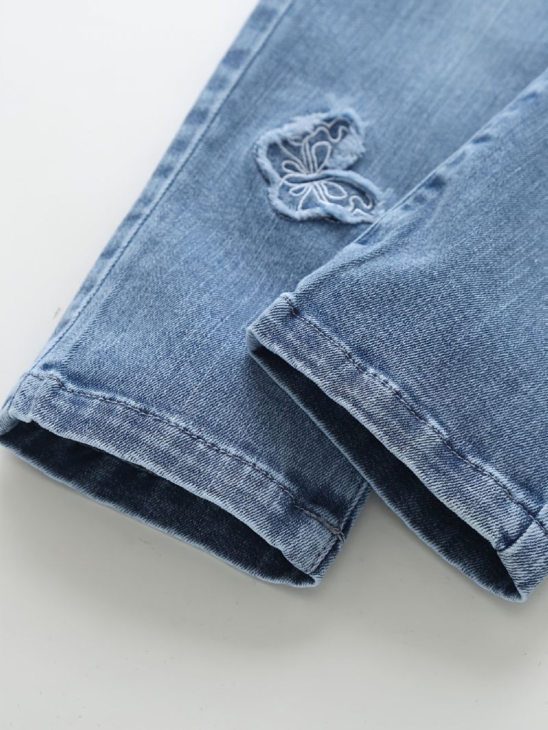 Babypiger Tilspidsede Jeans Med Sommerfugletryk Elastisk Linning Til Efterår Og Vinter Nyhed