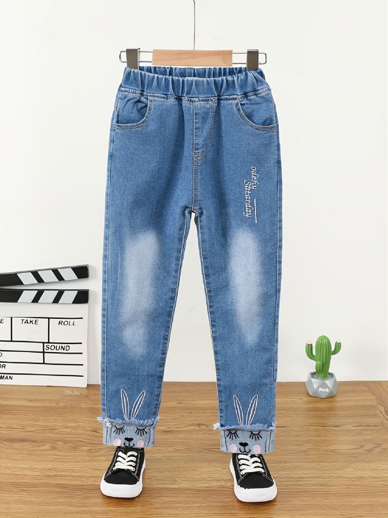 Børn Piger Plys Varme Jeans Broderi Tegneserie Efterår Vinter