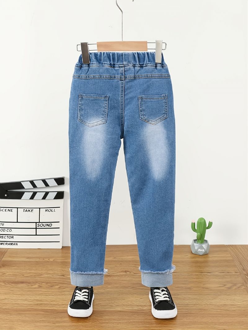 Børn Piger Plys Varme Jeans Broderi Tegneserie Efterår Vinter