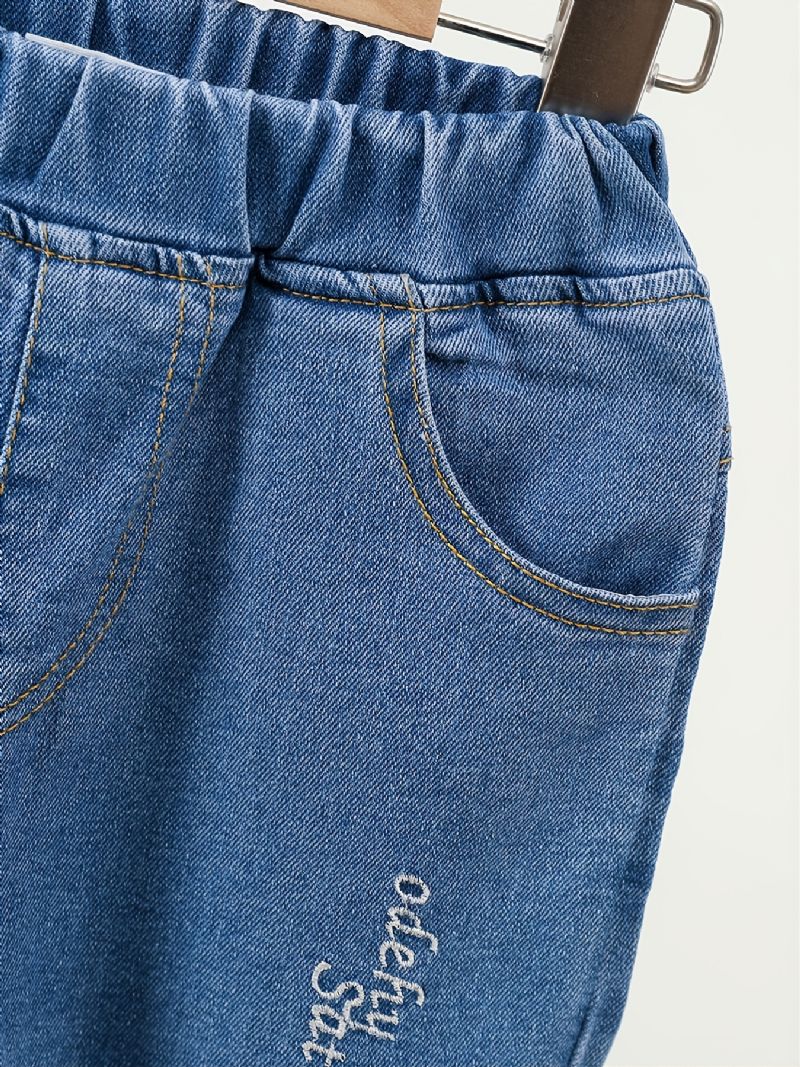 Børn Piger Plys Varme Jeans Broderi Tegneserie Efterår Vinter