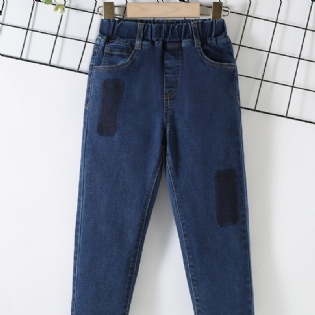 Drenge Casual Simple Patch Denim Jeans Med Elastisk Talje Til Vinter