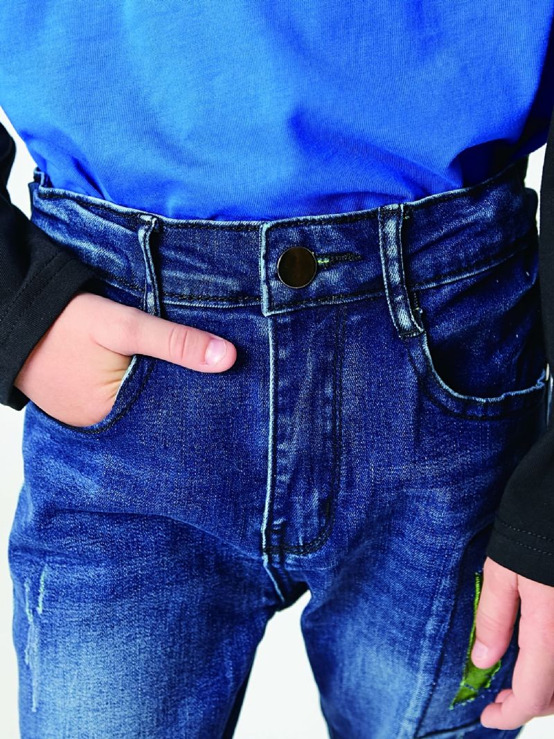 Drenge Casual Simple Vintage Denim Jeans Ripped Patch Lige Ben Farve Blokbukser