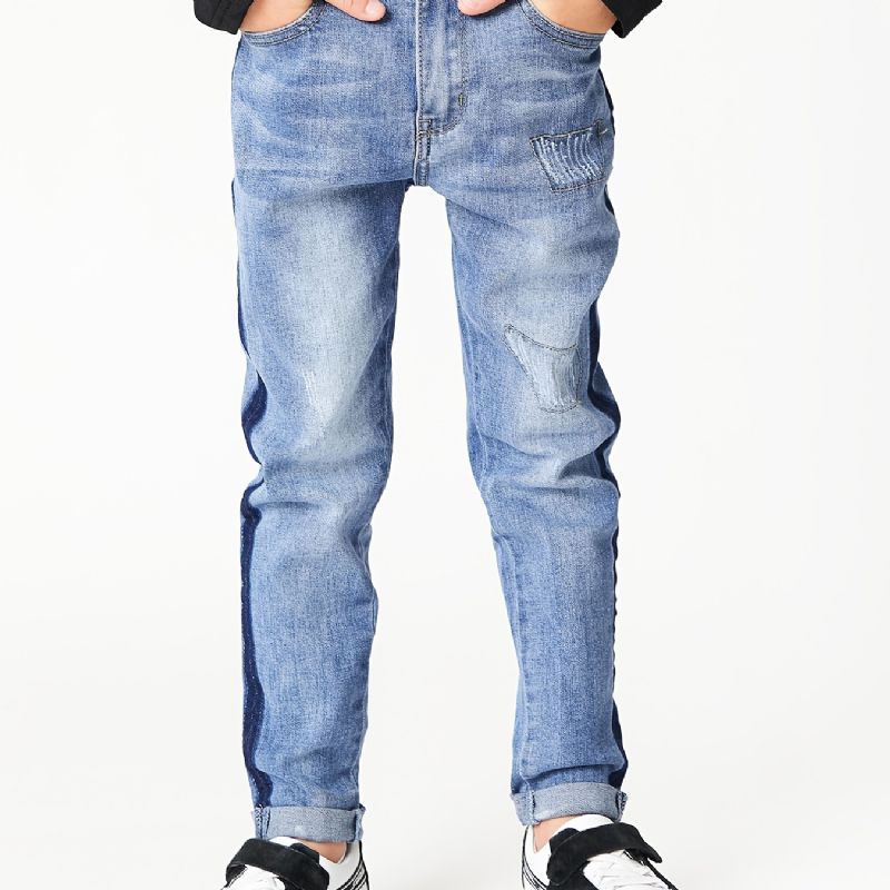 Drenge Casual Simple Vintage Ripped Denim Jeans Slim Fit Stribede Farveblokbukser