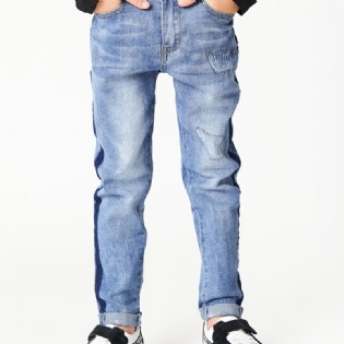 Drenge Casual Simple Vintage Ripped Denim Jeans Slim Fit Stribede Farveblokbukser