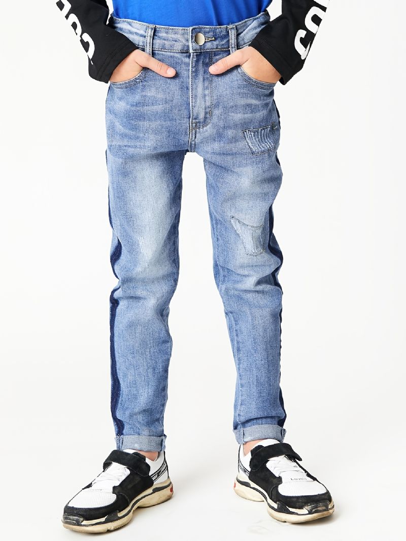 Drenge Casual Simple Vintage Ripped Denim Jeans Slim Fit Stribede Farveblokbukser