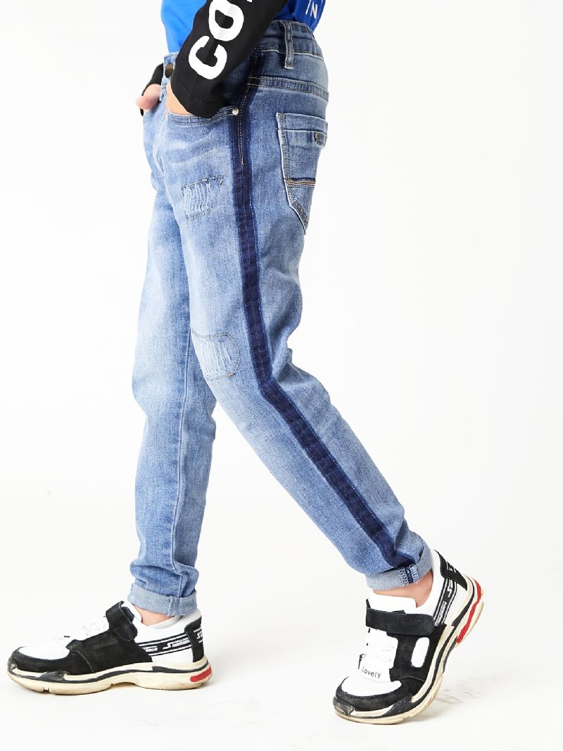 Drenge Casual Simple Vintage Ripped Denim Jeans Slim Fit Stribede Farveblokbukser