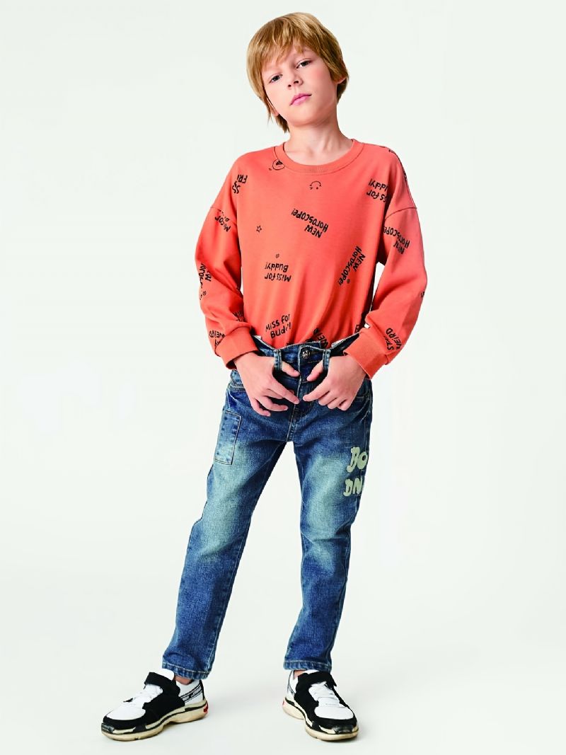 Drenge Casual Slim Fit Denim Jeans Med Dnm Print Mørkeblå