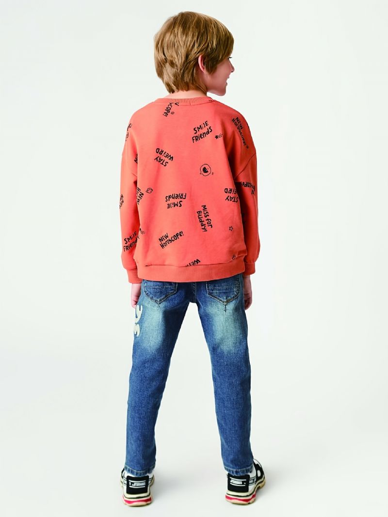 Drenge Casual Slim Fit Denim Jeans Med Dnm Print Mørkeblå