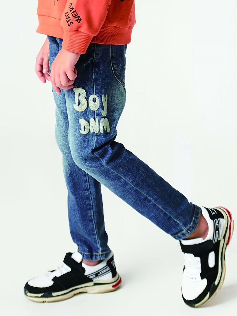 Drenge Casual Slim Fit Denim Jeans Med Dnm Print Mørkeblå