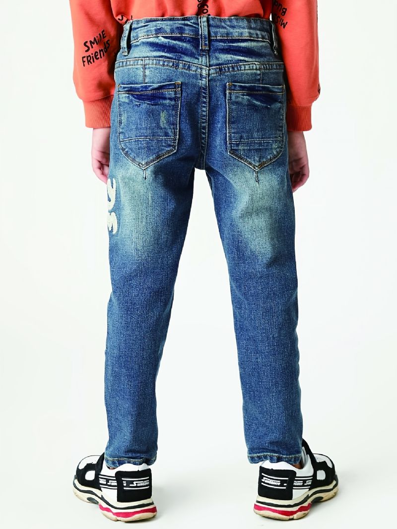 Drenge Casual Slim Fit Denim Jeans Med Dnm Print Mørkeblå