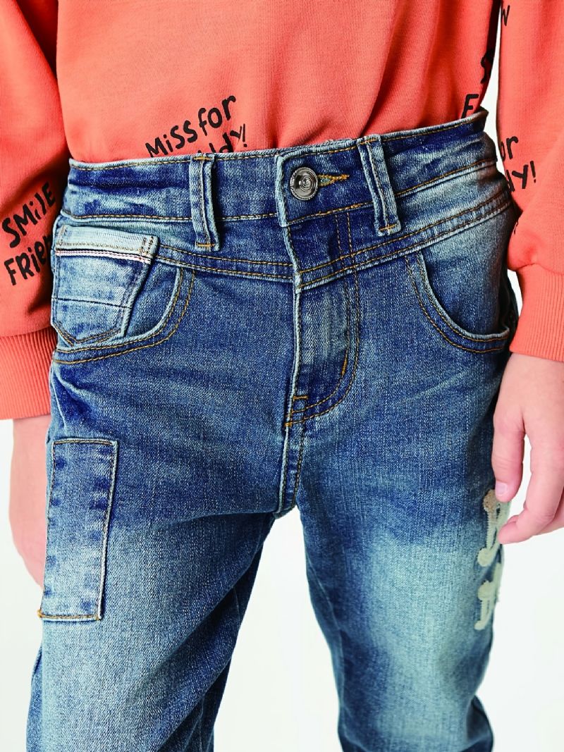 Drenge Casual Slim Fit Denim Jeans Med Dnm Print Mørkeblå