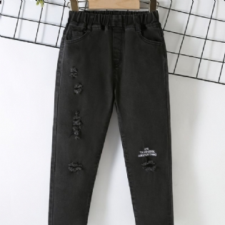 Drenge Casual Solid Ripped Letter Print Denim Jeans Med Elastisk Talje Til Vinter Sort