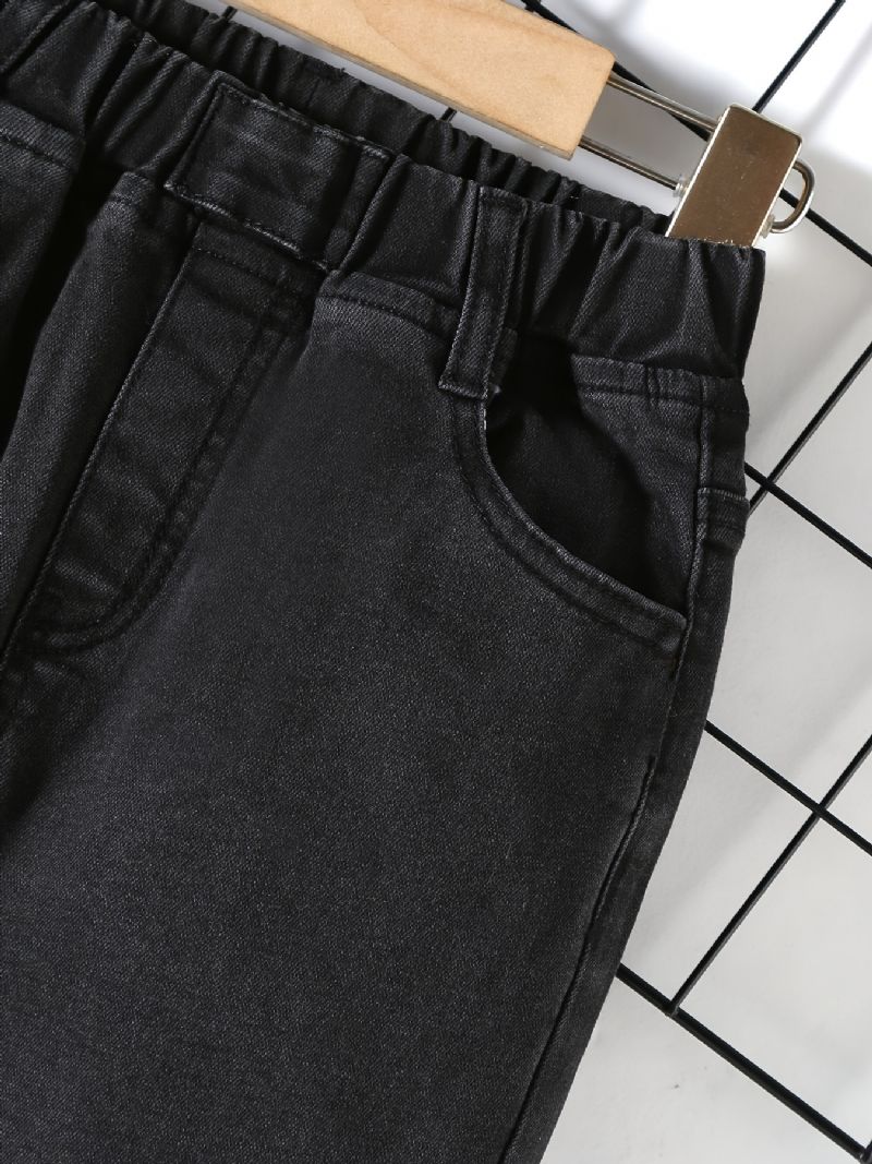 Drenge Casual Solid Ripped Letter Print Denim Jeans Med Elastisk Talje Til Vinter Sort