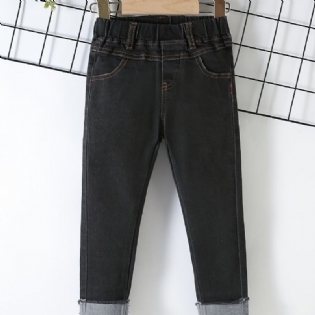 Drenge Casual Solid Sorte Denim Jeans Med Elastisk Talje