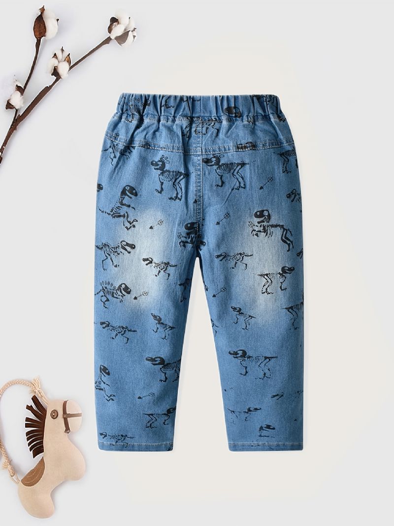 Drenge Dinosaurmønster Jeans Med Lige Ben Denimbukser Med Elastisk Linning Børnetøj