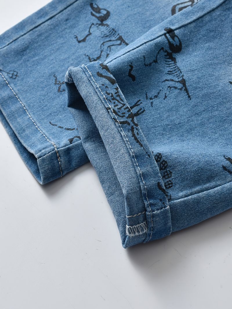 Drenge Dinosaurmønster Jeans Med Lige Ben Denimbukser Med Elastisk Linning Børnetøj