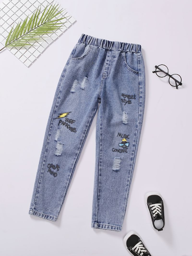 Drenge Mode Tegneserie Print Rippede Bomulds Jeans