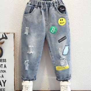 Drenge Ripped Applique Print Casual Jeans