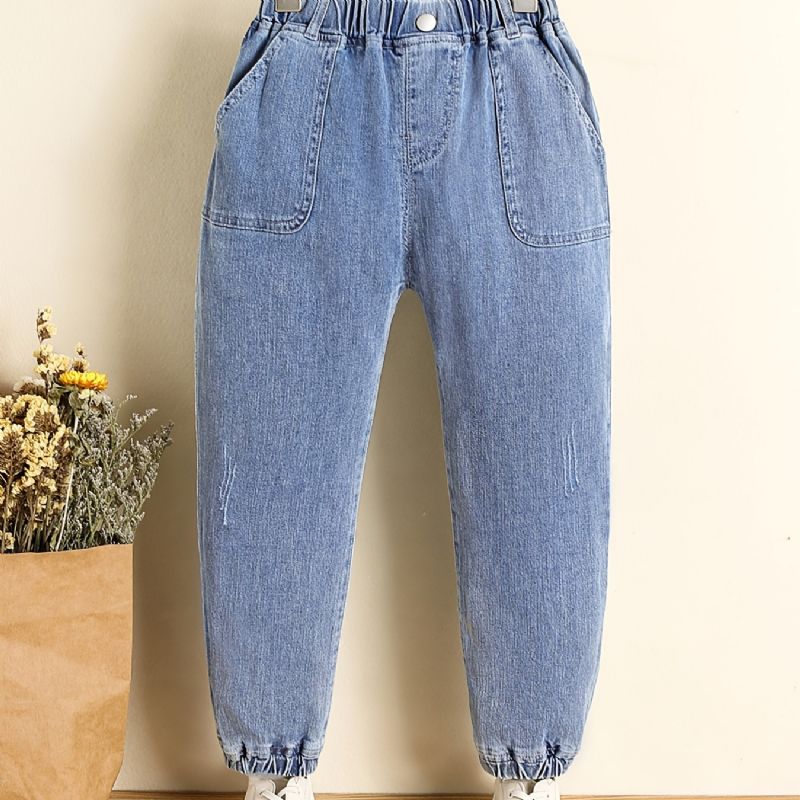 Drenge Solid Tilspidsede Jeans Denimbukser Med Elastisk Linning Børnetøj