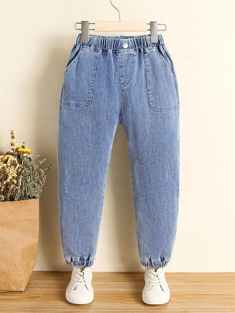 Drenge Solid Tilspidsede Jeans Denimbukser Med Elastisk Linning Børnetøj