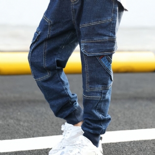 Drenge Stretch-tilspidsede Cargo-denim-jeans Med Elastisk Linning Børnetøj