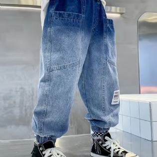 Drenge Tapered Cargo Denim Jeans Med Elastisk Linning Børnetøj