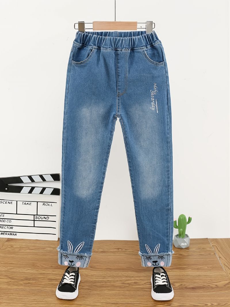 Efterår Vinter Piger Moderigtigt Sød Tegneserie Broderede Denim Bukser