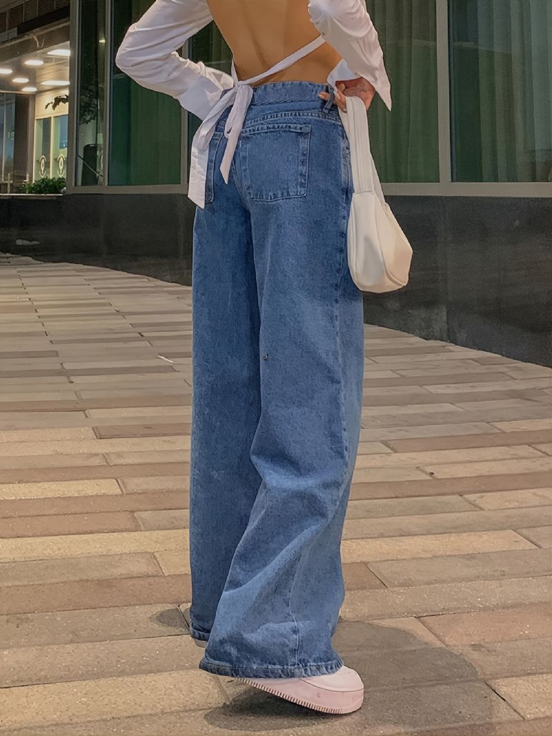 Kvinder Afslappet Baggy Denimbukser Med Brede Ben Pige-jeans I Y2k-stil Solide Jeans Med Ben