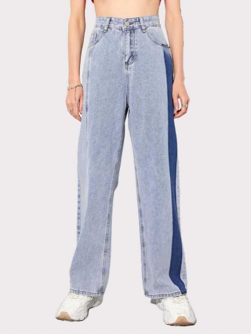 Kvinders Colorblock High Wasit Straight Leg Jeans Piger Button Fly Y2k Style