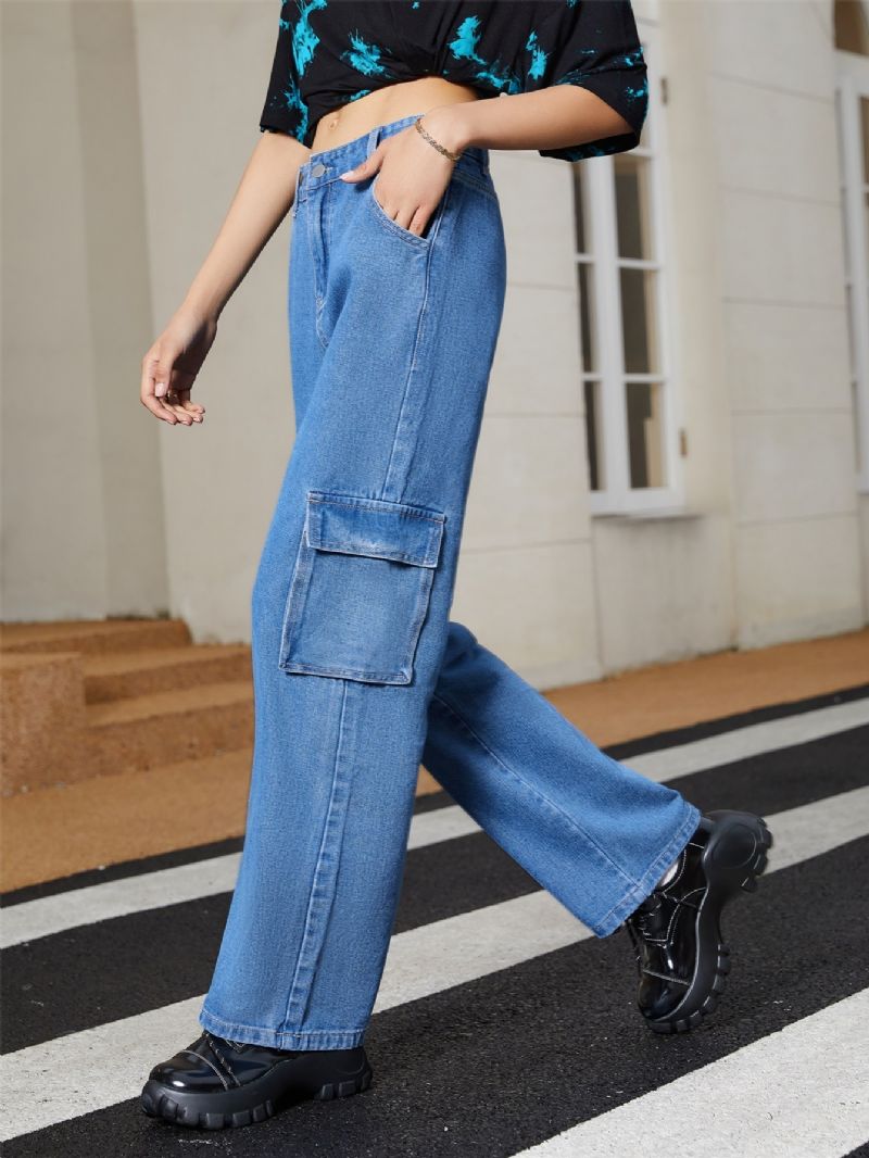 Kvinders Multi Pocket High Waist Button Fly Cargo Jeans Piges Street Style