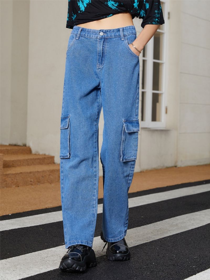 Kvinders Multi Pocket High Waist Button Fly Cargo Jeans Piges Street Style