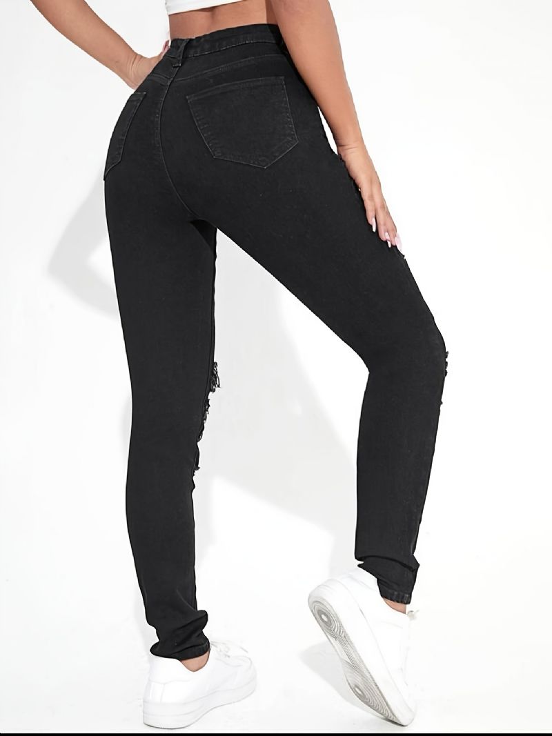 Kvinders Sorte Rippede Skinny-jeans Huller Piger I Y2k-stil