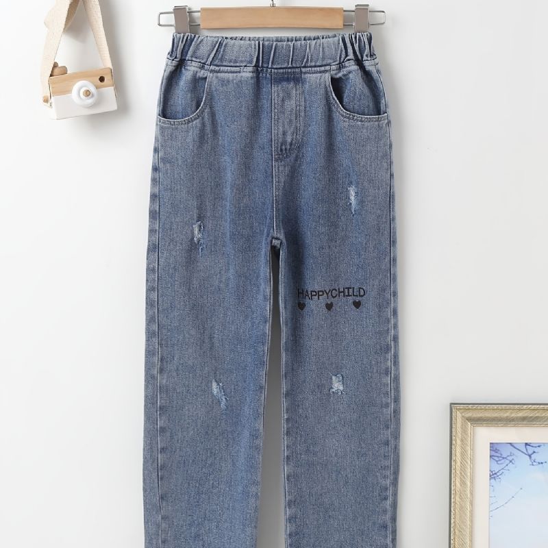 Lige Jeans Til Piger Med Bogstav- Og Hjertetryk Elastisk Linning Til Efterår Og Vinter Nyhed