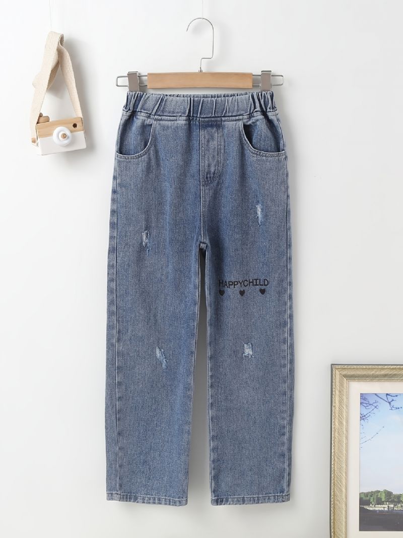 Lige Jeans Til Piger Med Bogstav- Og Hjertetryk Elastisk Linning Til Efterår Og Vinter Nyhed