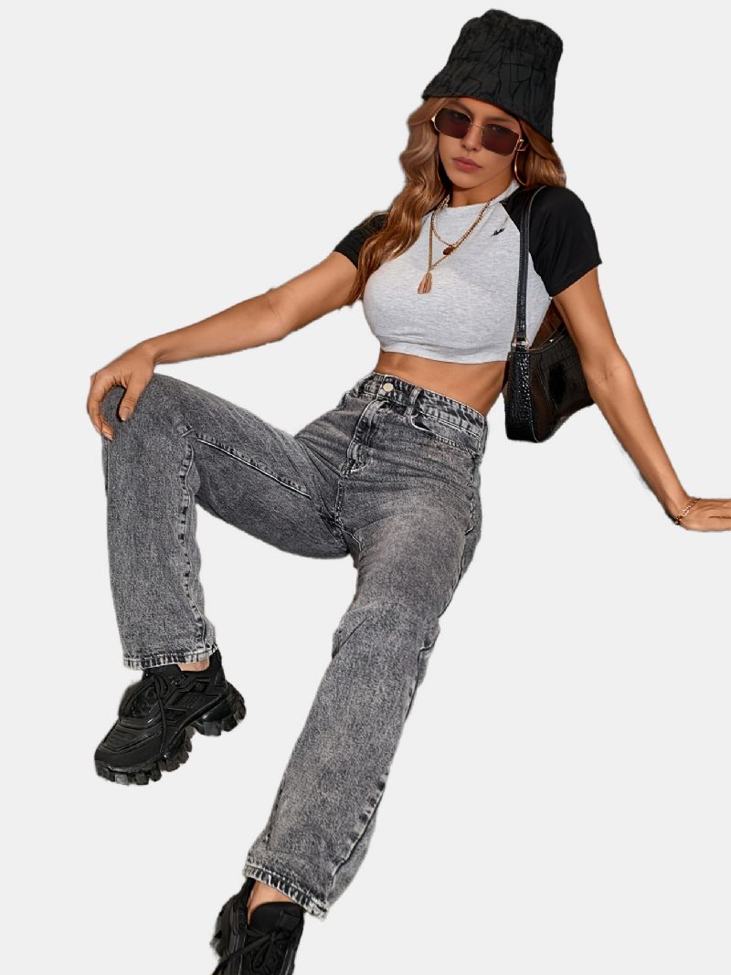 Lysegrå Jeansbukser Med Lige Ben Jeans I Y2k-stil Piger Løs Denimbukser Med Skrå Lommer