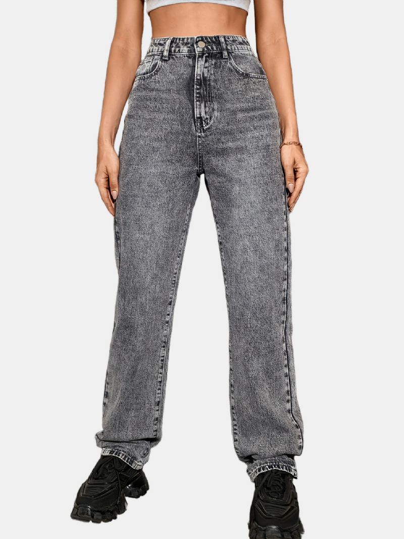 Lysegrå Jeansbukser Med Lige Ben Jeans I Y2k-stil Piger Løs Denimbukser Med Skrå Lommer