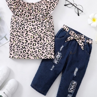 Piger Ærmeløs Leopard Print Top + Matchende Bælte Ripped Jeans Børnetøj