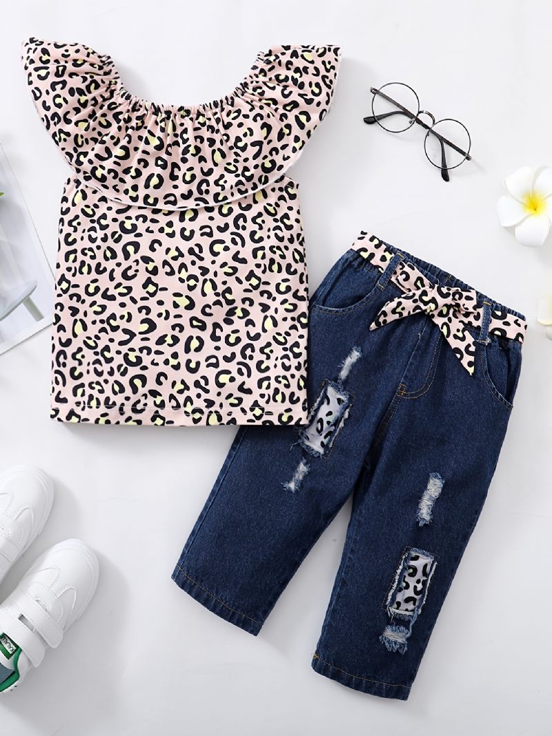Piger Ærmeløs Leopard Print Top + Matchende Bælte Ripped Jeans Børnetøj