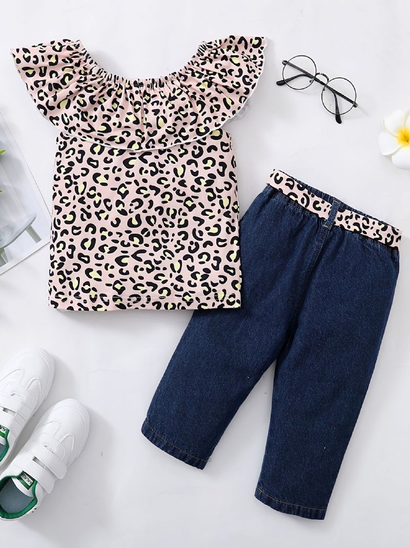 Piger Ærmeløs Leopard Print Top + Matchende Bælte Ripped Jeans Børnetøj